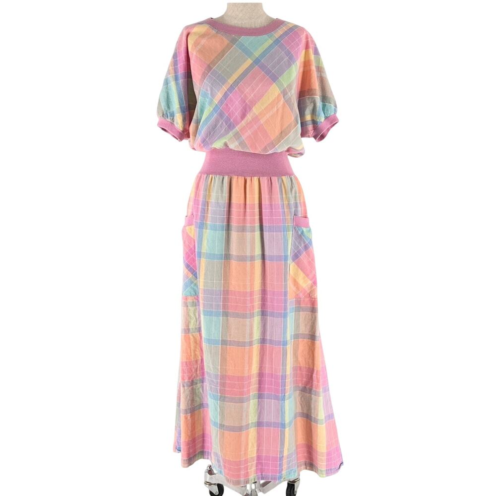 80s Vintage Pastel Plaid Maxi Dress 1980s Sears Size Large